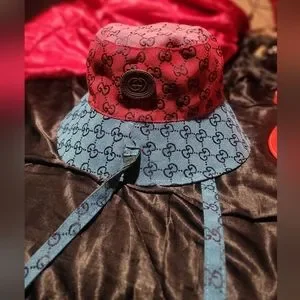 Upcycled Red Bucket Hat with Multicolor Gucci Logo Patches (Reversible) Upcycled Red Bucket Hat with Multicolor Gucci Logo Patches  main image 4